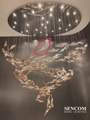 Đèn chùm Bướm pha lê cao cấp 064PL gồm 200 bướm, 20 đèn dimmer 3 màu L55, mâm tròn inox gương trắng, KT(mm): 1600 x 1000