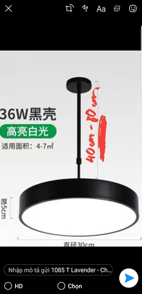 Đèn thả đơn màu đen HD058, tích hợp led ánh sáng trắng, công suất 36w, KT(mm): D300 x H85