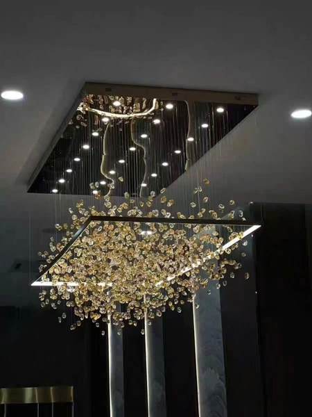 Đèn chùm pha lê thả thông minh PL065 gương vàng 8K hình chữ nhật, KT(mm): 1280x480XH1000