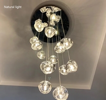 Bộ đèn chùm thủy tinh méo TH177, mâm hình tròn inox gương trắng, gồm 36 quả thả tự do, dây min 1.5m, dây max 3.55m, KT(mm): D800. Chưa bao gồm bóng đèn G4.