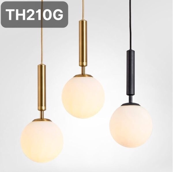 Đèn thả thủy tinh đơn TH210G, thân thẳng màu đen chao thủy tinh đục D200 , E27x01, KT(mm):