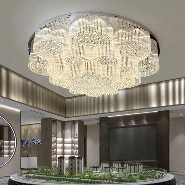 Đèn chùm pha lê thả thông minh PL024 gồm 3 tầng dùng thanh pha lê trắng và hạt pha lê trắng, mắt COB dimer 3 màu có điều khiển xa, mâm tròn inox gươngvàng, KT(mm): D1500 x H550