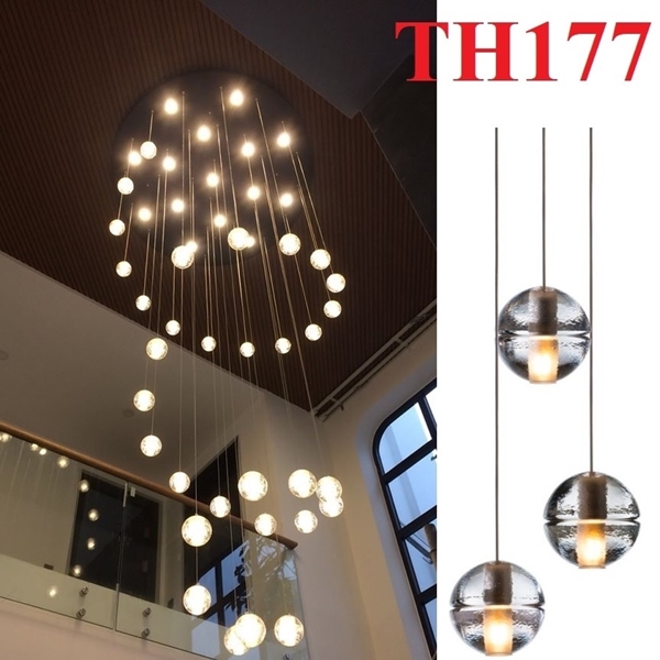 Bộ đèn chùm bocci TH177, mâm inox gương trắng D1000, gồm 45 quả, dây max 10,5m