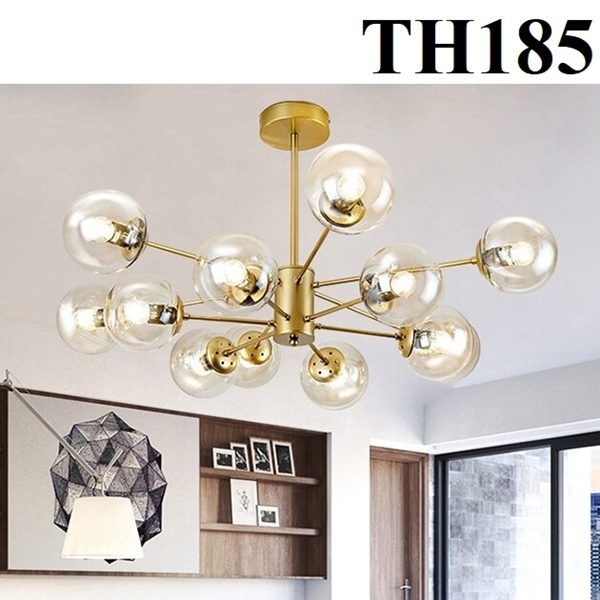 Đèn chùm thả 12 bóngTH185.2, G9 x 12, thân vàng , chao thủy tinh hổ phách, KT(mm):1050x380