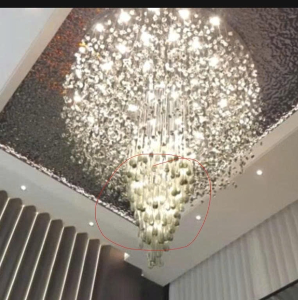 Đèn chùm thông minh PL065.4 kết hợp 2300 đá và 100 giọt nước, 35 đèn dimmer 3 màu L40, mâm tròn inox gương trắng 8K, KT(mm): 1800*4000