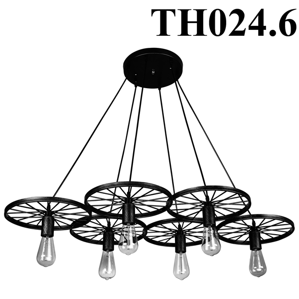 Đèn thả rọ sắt hình bánh xe sáu thân đen, đui E27x6(chưa bóng)_TH024 Kích thước: 1150x600mm