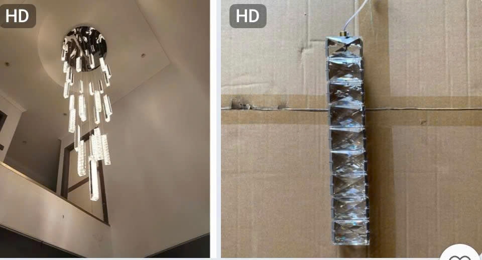 Đèn thả thông tầng 79 thanh trụ pha lê vuông thân vàng 552TH kích thước 50 x 50 x 300, thả tự do, mâm inox gương vàng bo góc tròn, KT(mm): L1500 x W1000 x H4100