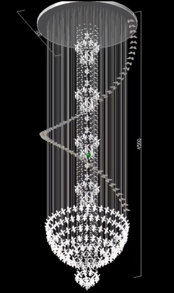 Đèn chùm pha lê thả thông minh 068PL cánh hoa gồm 380 bông hoa trắng 7 màu, 60 bướm 064TT, 35 đèn dimmer 3 màu L40 có dk xa, mâm tròn inox gương trắng, KT(mm): 1600 x 4500