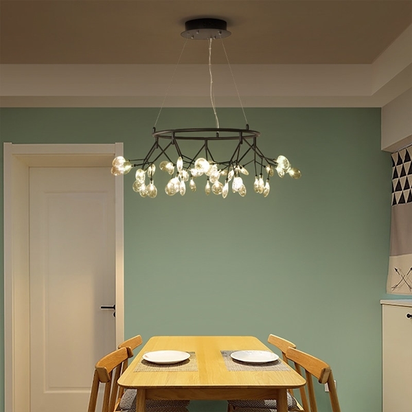 Đèn hera lá thủy tinh TH187A2 loại 45 bóng dạng vòng thân đen, lá thủy tinh trắng trong, KT(mm): 1050 x 400