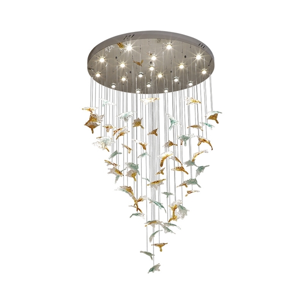 Đèn chùm pha lê thả thông minh PL030 gồm 67 lá phong bao gồm 34 030TT_150x180HT, và 33 lá 030TT màu xanh ,mâm inox gương trắng, 18 mắt COB D40 dimmer có điều khiển xa, KT(mm): D1200 x H3000