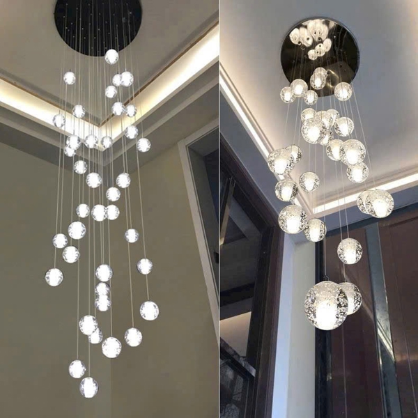 Bộ đèm chùm bocci 177TH7 gồm 25 quả trơn không có rãnh, thả tự do, mâm tròn inox gương trắng, KT(mm): D600 x H3000