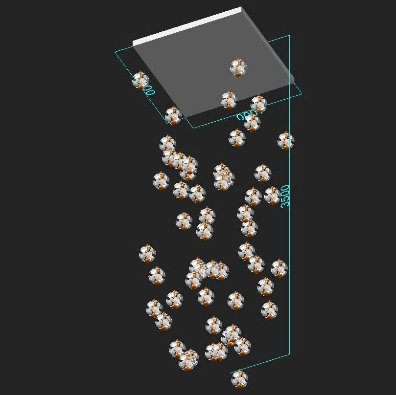 Bộ đèn chùm thông tầng TH540, mâm inox gương trắng, gồm 55 quả thả tự do tích hợp led, mâm hình vuông KT(mm): 1000 x 1000 x 3500