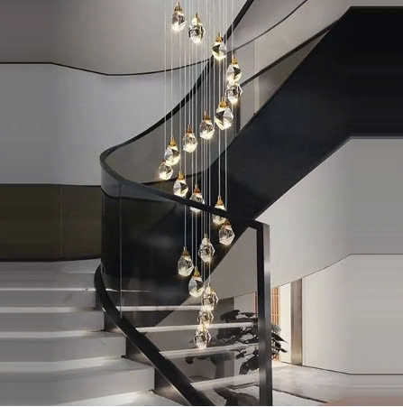 Bộ đèn chùm pha lê cao cấp TH505.1, mâm inox gương vàng hình vuông bo tròn góc, gồm 30 quả thả xoắn ốc, đã gồm bóng led 5W, KT(mm): L800 x W800 x H3000