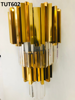 Đèn tường phale TUT602, thép mạ đồng, có 20 thanh pha lê tam giác dài 100 ,  E14x 3, KT(mm): 270 x 520