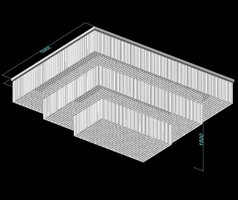 Đèn chùm pha lê thả thông minh PL024 gồm 3 tầng dùng thanh lục giác và hạt pha lê D40mm, mâm inox gương trắng hình chữ nhật, KT (mm): 3800 x 2900 x 1500, 4 nguồn 200w
