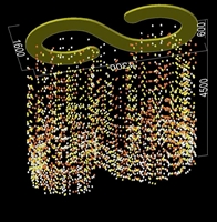 Đèn chùm pha lê thả thông minh PL065 , 3400 viên đá màu trắng, hổ phách đậm và hổ phách nhạt , 56 lỗ khoét D55, mâm chữ S inox 304 dày 1,2 mm gương vàng 8K hình chữ S, KT(mm): 4300 x 1600 x 4500 theo thiết kế