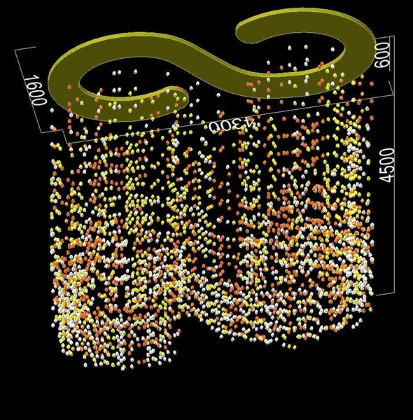 Đèn chùm pha lê thả thông minh PL065 , 3400 viên đá màu trắng, hổ phách đậm và hổ phách nhạt , 56 lỗ khoét D55, mâm chữ S inox 304 dày 1,2 mm gương vàng 8K hình chữ S, KT(mm): 4300 x 1600 x 4500 theo thiết kế