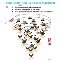 Đèn chùm pha lê thả thông minh PL068 cánh hoa gồm 18 bông hoa 7 màu, 10 bướm 064TT, dây có đính hạt cườm, 9 đèn dimmer 3 màu L40 có dk xa, mâm tròn inox gương trắng, KT(mm): 600 x 600