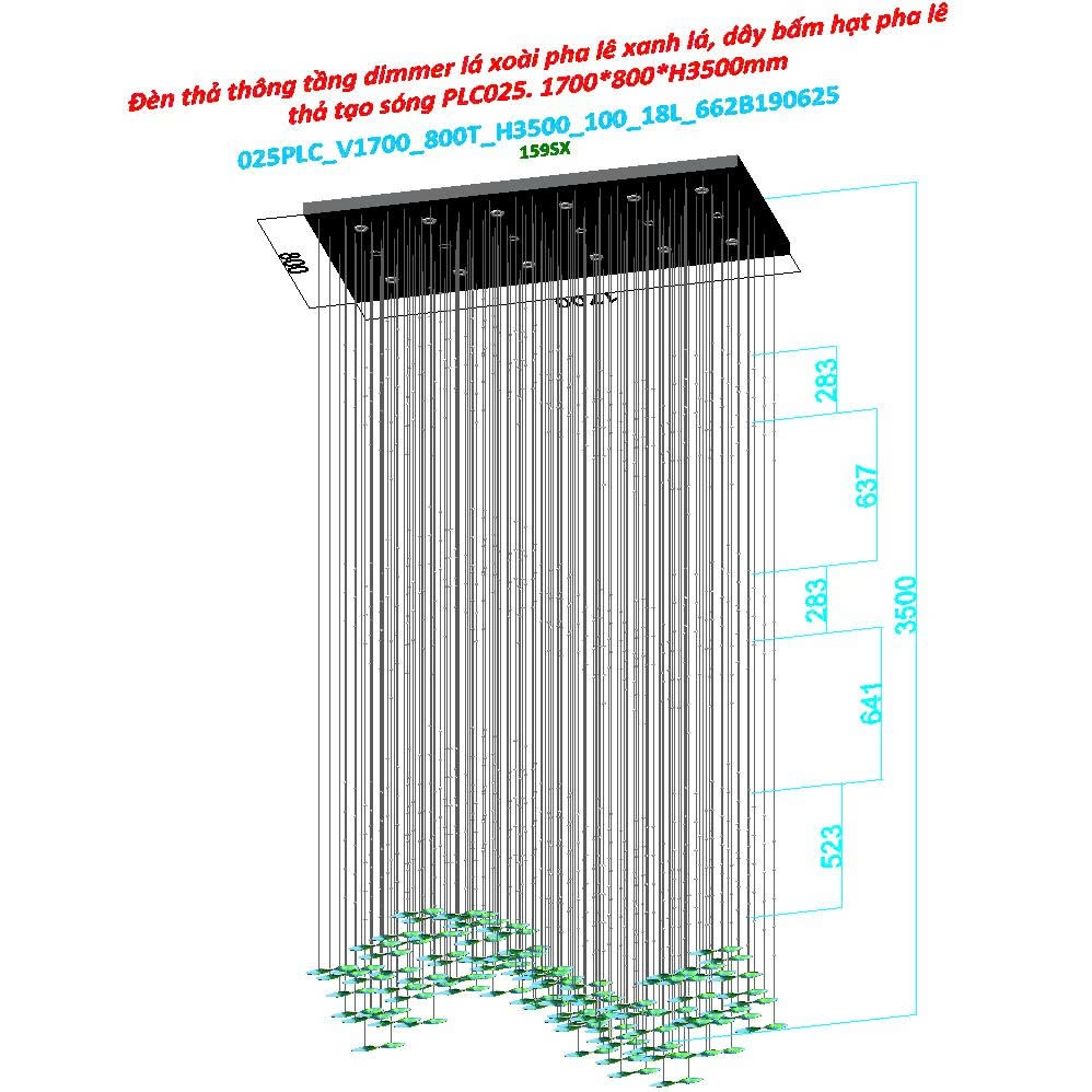 Bộ đèn chùm lá xoài xoắn PL025.1, gồm 100 lá xoài pha lê xanh lá pha trắng 200 x 55, dây bâm hạt pha lê, 18 mắt led COB 3 màu dimmer, điều khiển xa cao cấp, mâm inox gương trắng hình chữ nhật, KT(mm): 1700 x 800 x 4000