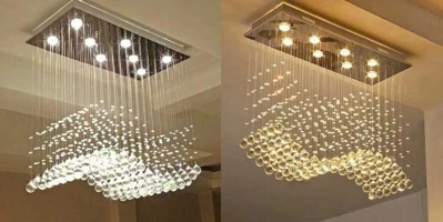 Bộ đèn thông tầng pha lê Sóng Ngân Hà 007PL, đèn COB dimmer 3 màu điều khiển xa, mâm inox vàng hình chữ nhật, mâm âm trần vặn ốc bắt, KT(mm): L1200 x W500 x H500
