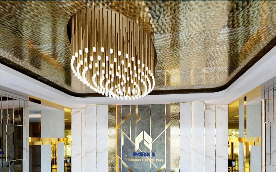 Bộ đèn trang trí 150 đèn ống D32mm x H360mm hợp kim nhôm, tích hợp led ánh sáng vàng, mâm elip vàng KT(mm) 1400x1900x750