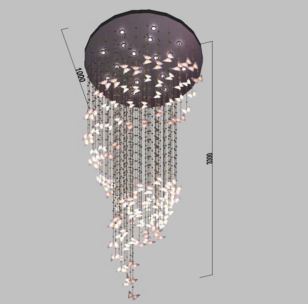 Đèn chùm pha lê thả thông minh PL064 gồm mâm tròn inox gương trắng 8K, 120 bướm pha lê, 17 đèn dimmer, KT(mm): D1000 x H3300