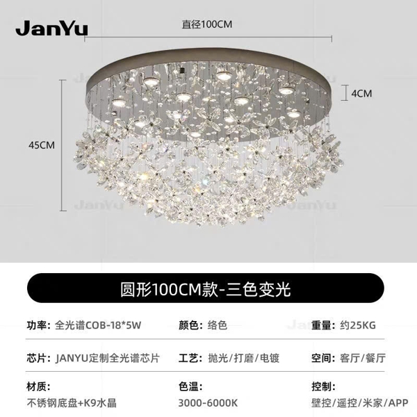 Đèn chùm pha lê thả thông minh PL068 cánh hoa gồm 200 hoa pha lê, 20 đèn dimmer 3 màu L55, mâm tròn inox gương trắng, KT(mm): 1600 x 1000