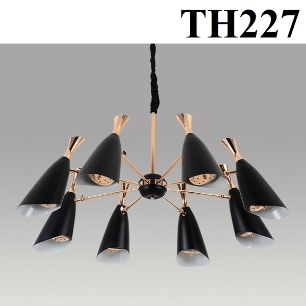 Đèn chùm loa hợp kim đen 8 bóng TH227, E27 x 8 + G4 x 8, KT(mm): 950 x 350