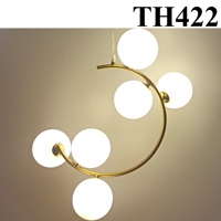 Đèn thả thủy tinh đơn TH422, vòng tròn khuyết mạ đồng 6 chao thủy tinh đục D120, G9x06, KT(mm): 350x350