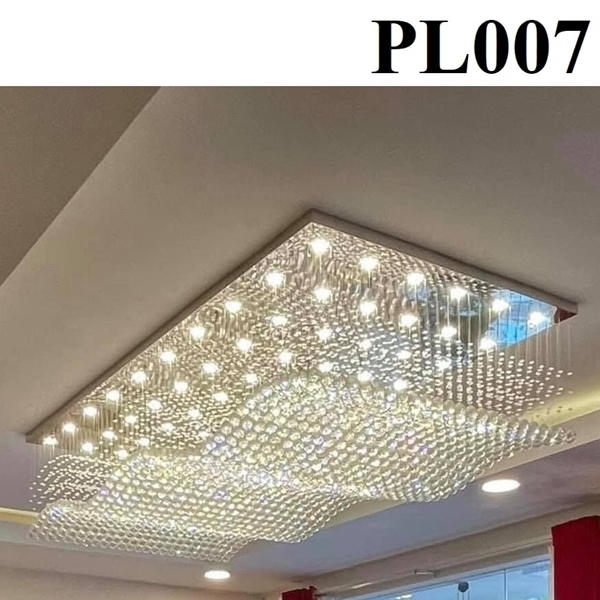 Đèn chùm pha lê thả thông minh lượn sóng PL007 gồm mâm chữ nhật inox gương trắng, đèn COB dimmer 3 màu điều khiển xa, KT(mm): L1200 x W600 x 700