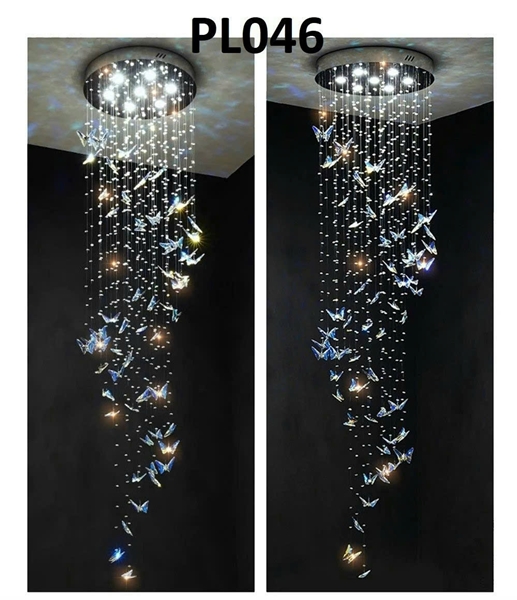 Đèn chùm pha lê thả thông minh PL064 gồm mâm tròn inox gương trắng 8K,45 bướm pha lê, 8 đèn dimmer, KT(mm): D500 x H2500