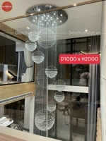 Đèn chùm pha lê thả thông minh 008PL, mâm inox gương trắng, pha lê cầu xoắn ốc, 8 cầu nhỏ + 3 cầu to, KT(mm): D1000 x H2000