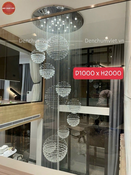 Đèn chùm pha lê thả thông minh 008PL, mâm inox gương trắng, pha lê cầu xoắn ốc, 8 cầu nhỏ + 3 cầu to, KT(mm): D1000 x H2000
