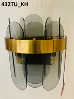 Đèn tường inox mạ đồng + thanh pha lê khói TU432, gồm 5 thanh 25x6 + 3 thanh 25x9, G9 x 2, KT(mm) : L260*W140*H270