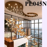 Đèn chùm pha lê thả thông minh PL045N nòng nọc, Inox gương vàng, pha lê lá lông chim, KT(mm): D1500x2500xH3000
